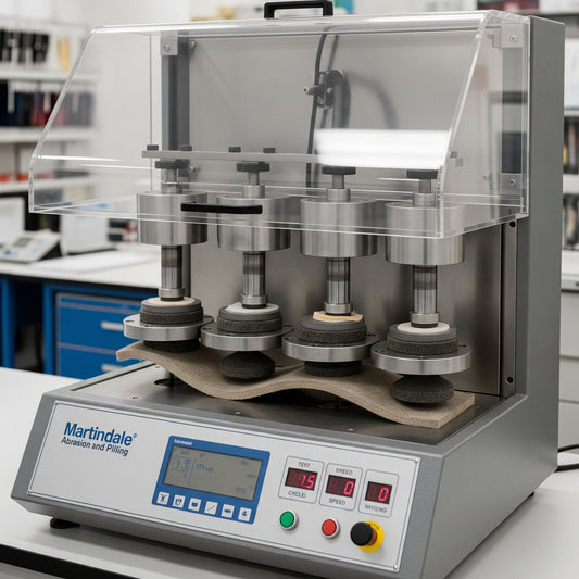 Een Martindale testmachine in een laboratorium, die de slijtvastheid van vier stofmonsters test met behulp van roterende pads.