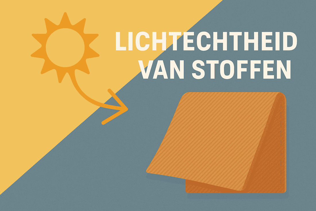 Illustratie van lichtechtheid van stoffen met zonnesymbool en stofstaal, als visuele headerafbeelding voor een blog over kleurvastheid.