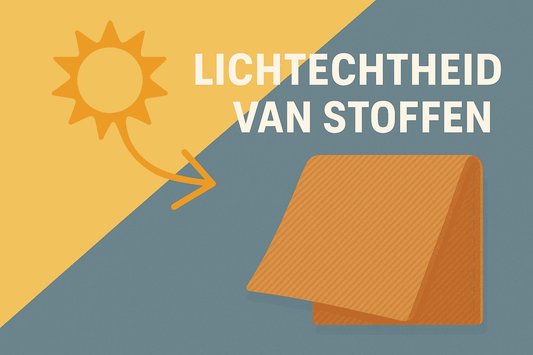 Illustratie van lichtechtheid van stoffen met zonnesymbool en stofstaal, als visuele headerafbeelding voor een blog over kleurvastheid.